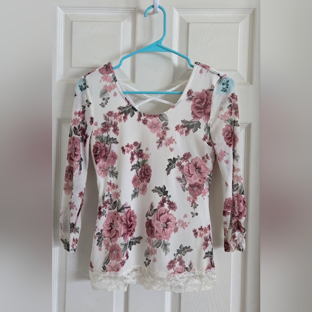 Pink Floral Long Rouched Sleeve Top